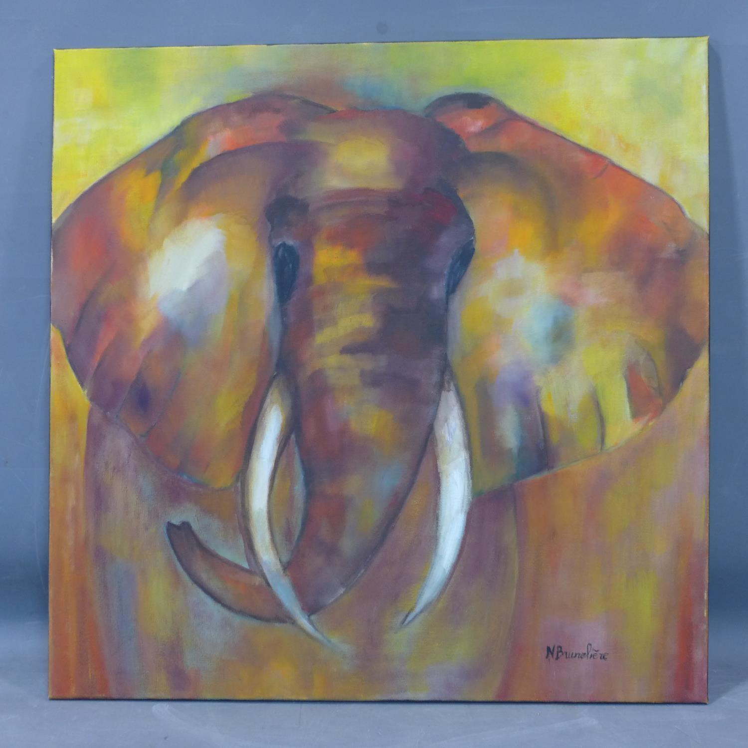 An oil on board of an elephant, signed N. Bruneliere to lower right, 80 x 80cm - Image 2 of 3