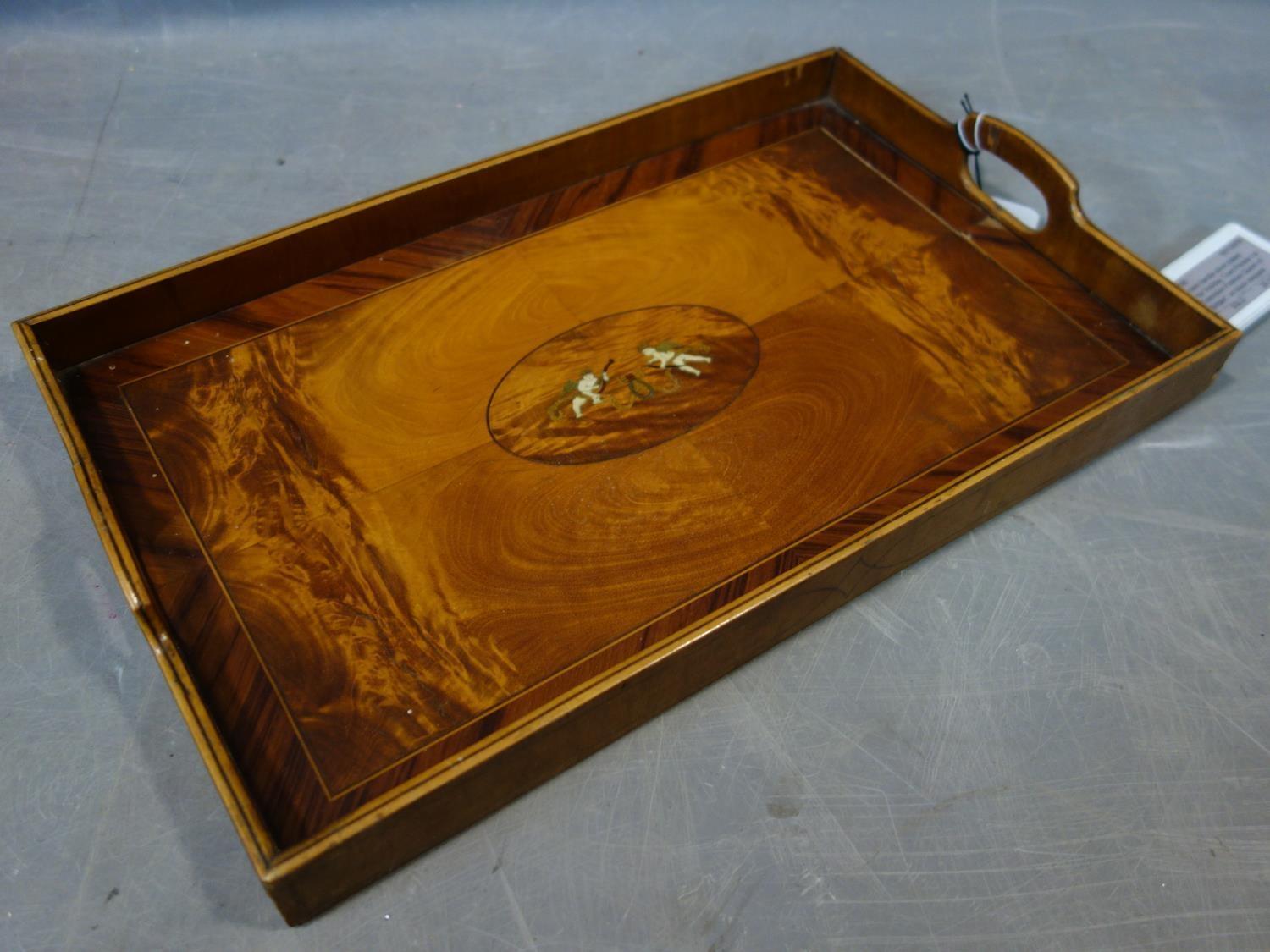 A wooden tray with silver handles and feet together with another tray and silver plated box of - Image 7 of 7