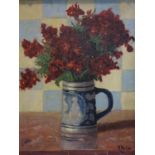 Regis Portier (1860-1939), 'Red Flowers in Delft Jug', oil on board, signed and dated 1925 lower