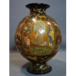 A large Middle Eastern papier-mâché vase, decorated with vignettes of noblemen and attendants, and
