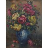 Yves Douche (fl. 1920), Still life of flowers in a blue vase, oil on canvas, 60 x 50cm