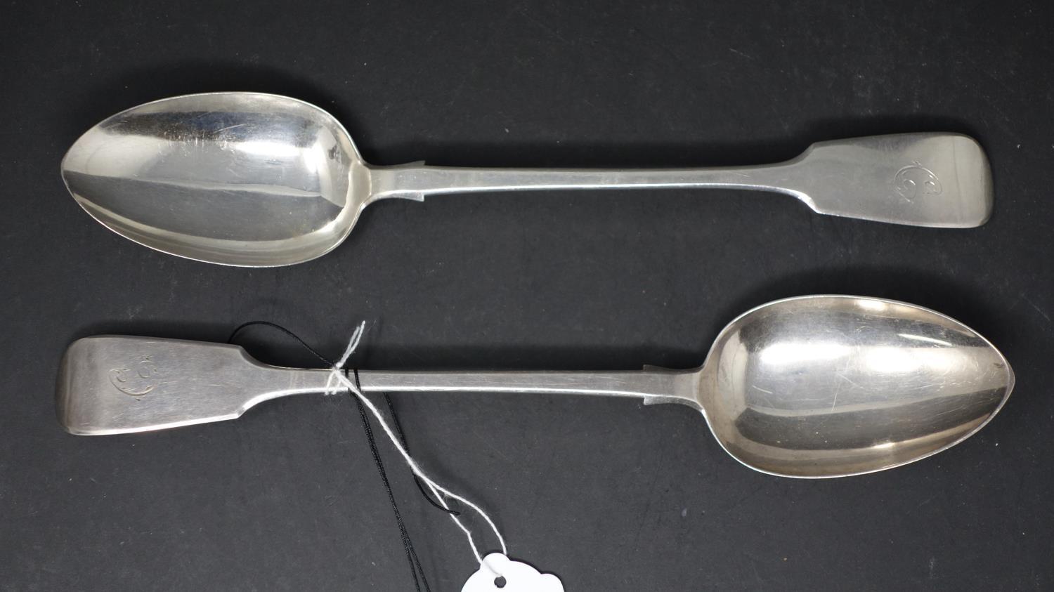 Two Victorian silver fiddle pattern serving spoons, London 1861, total weight approx. 6.81 troy oz