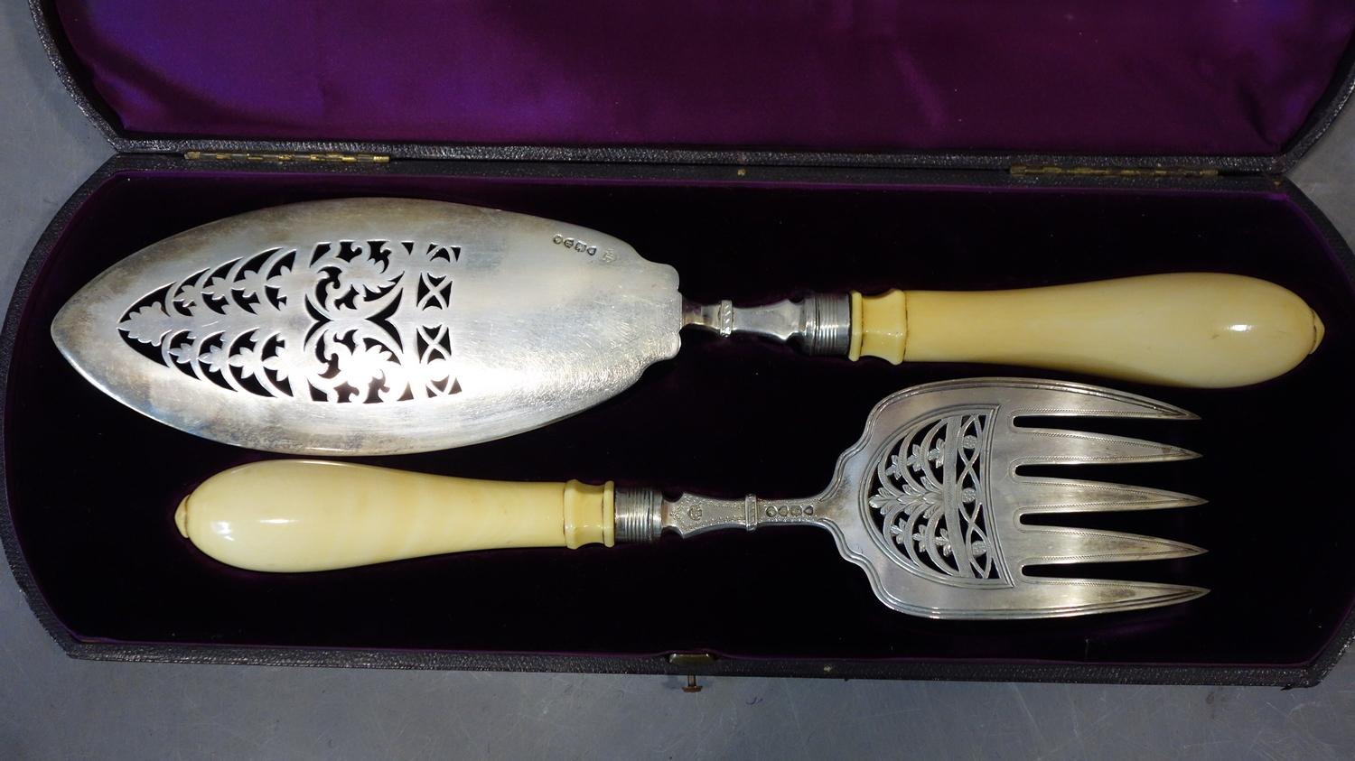 A pair of Victorian silver and ivory fish servers made by Walter & John Barnard in London - Image 2 of 2