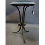 A gilt painted cast iron table with marble and glass top, H.74 D.50cm