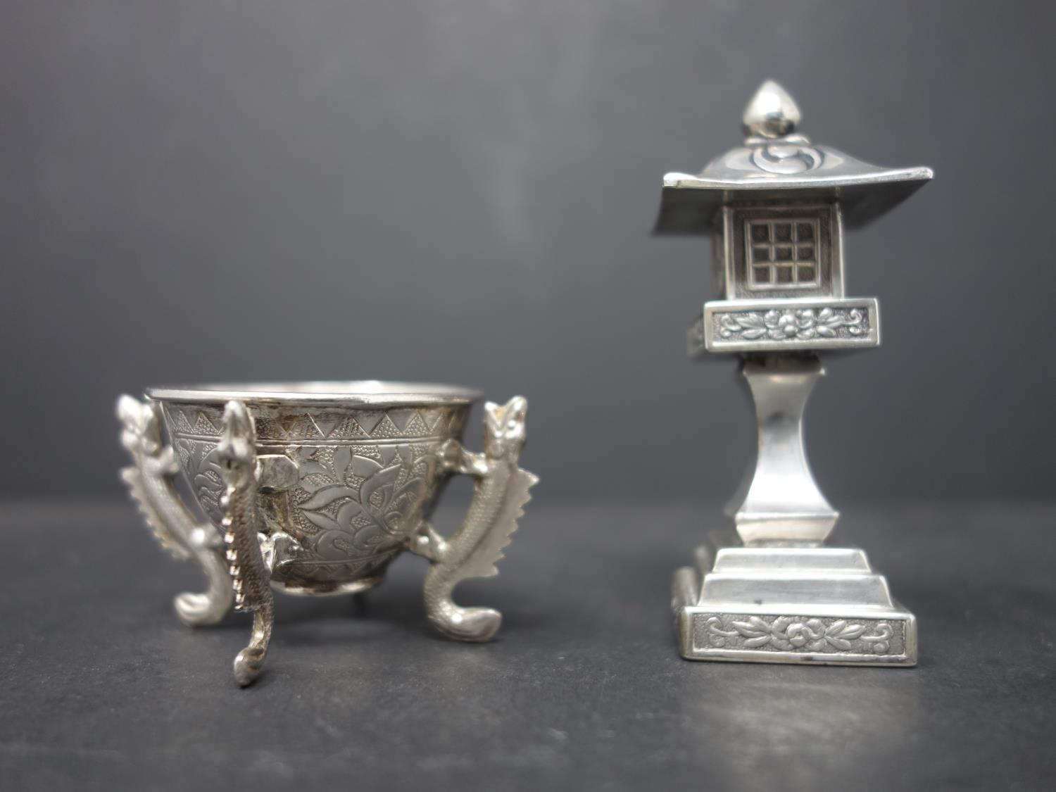 A 19th century Chinese silver pagoda pepperette, H.17cm, stamped sterling, approx. 30g, together