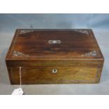 Antique rosewood writing box with mother of pearl inlay, circa 1830, H.42 x W.16 x D. 19 cm