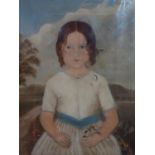 19th century British folk art, portrait of a child in a rural landscape, unsigned, framed, 85 x 72
