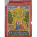 A 19th century Indian painting on paper of four ladies in a garden setting, with inscription to