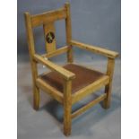 Arts & Crafts oak Childs Chair with inlay scene of a flute player, retailed by Liberty & Co as one