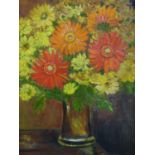 An oil on board of flowers in a vase, indistinctly signed lower right, in gilt frame with