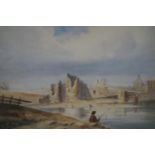 John Varley (1777-1842), 'Ruins and Figure Fishing', watercolour, with labels from the collection of