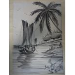 A painting on silk of boats by cottages in the Philippines, signed Beky, unframed, 36 x 24cm