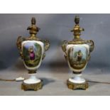 Two 19th century hand-painted French ormolu mounted porcelain table lamps