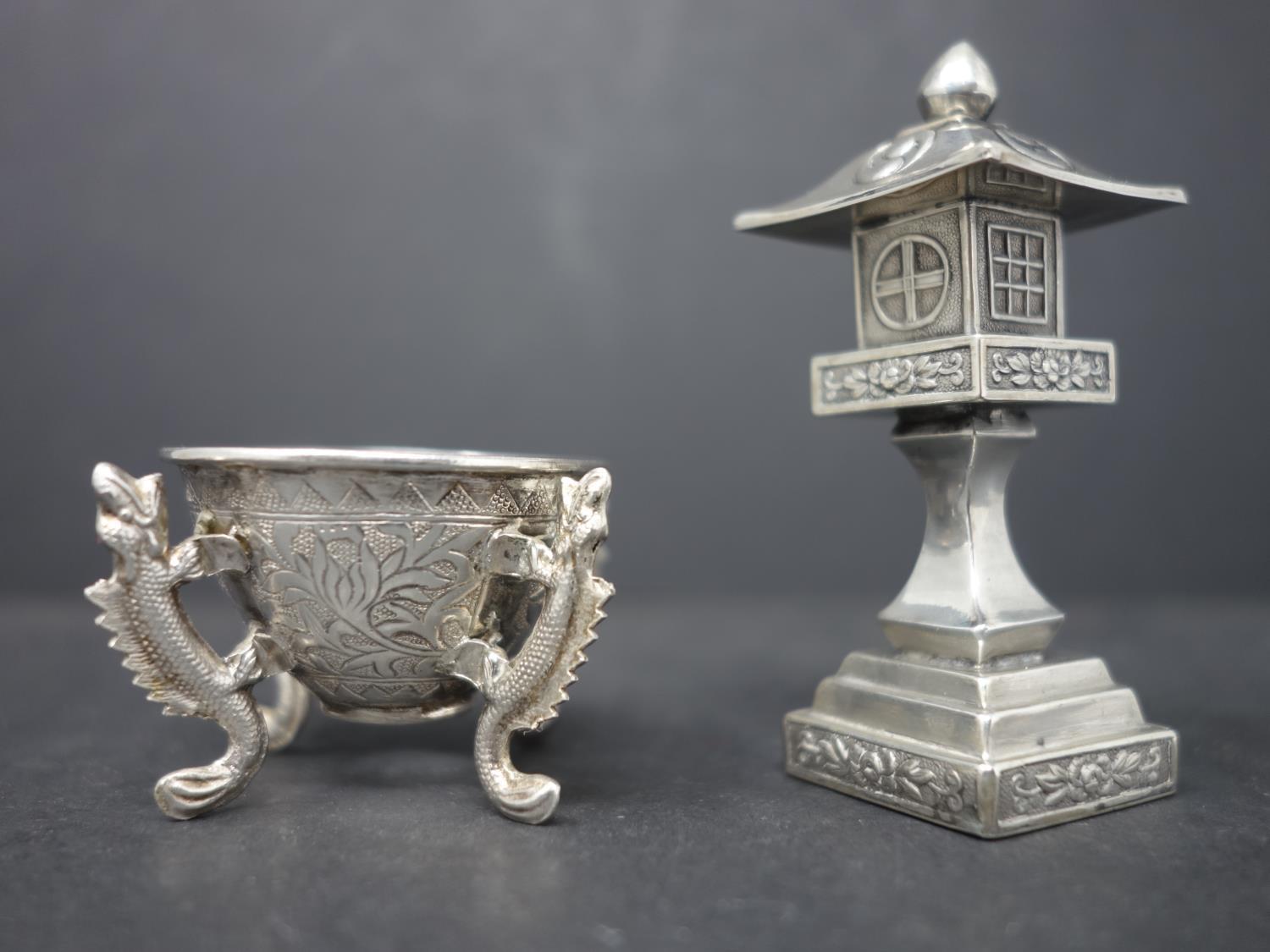 A 19th century Chinese silver pagoda pepperette, H.17cm, stamped sterling, approx. 30g, together - Image 2 of 2