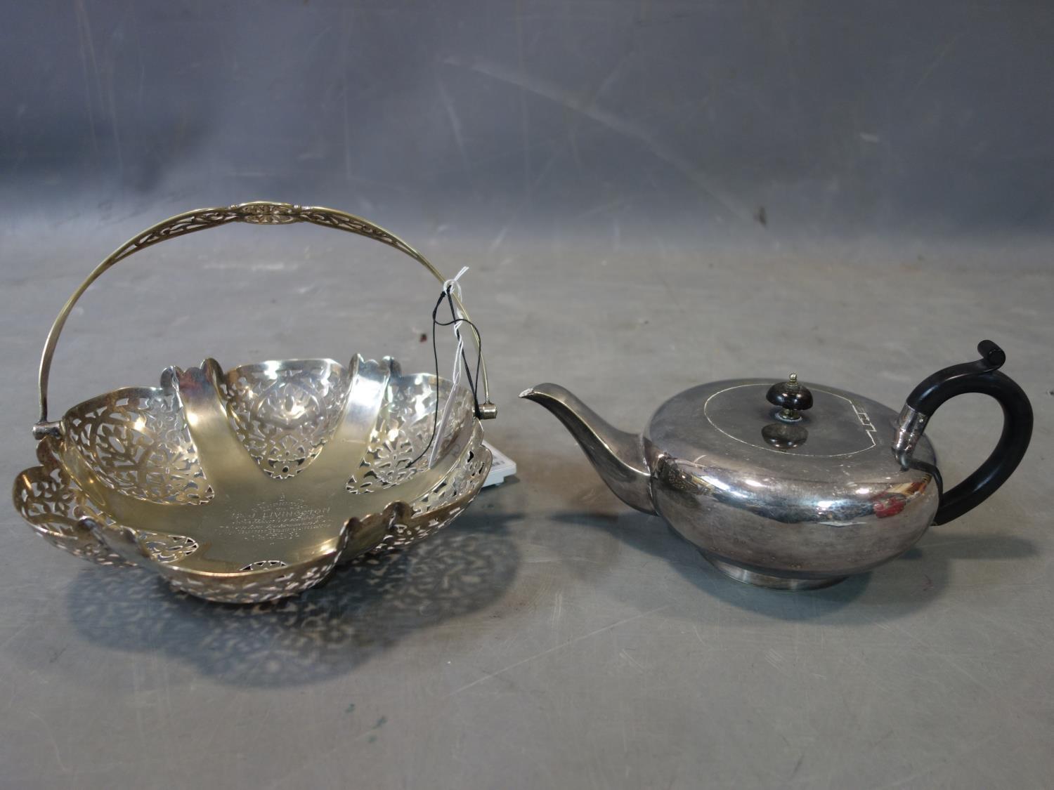 A group of silver plate items including a tea pot, a fruit basket and an ice bucket - Image 5 of 5