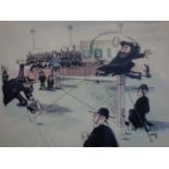 1960's comic print, Rabbis playing tennis, signed, framed and glazed, 55 x 43 cm
