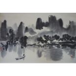 A Chinese printed scroll, punter on a lake, 50 x 75cm (image)