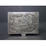 A Persian silver box, decorated with three figures and flowers, H.2 W.5.1 D.4cm, approx. 65g