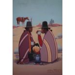 An oil on canvas of two Native American men drinking and eating in the dessert, signed 'Allen