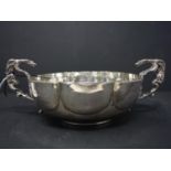 A silver lobed bowl, with twin dragon handles, diameter 15 cm, 242 grams, 7.78 troy oz