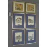 A set of four prints of public buildings in Hong Kong, each with a Hong Kong postal stamp, all