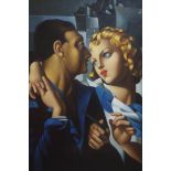 An Art Deco style oil on canvas depicting a man and a woman, 90 x 60cm