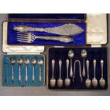 Fish Knife & Fork Serving Set, Pierced & Engraved together with two uncompleted set of silver spoons