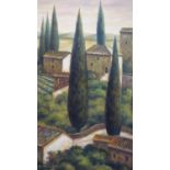 Sandra Jennier (1928-2003), Italian Cypress Evergreen trees, oil on canvas, signed lower left, 90