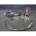 A silver plated tray together with an entree dish and coffee pot