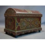 A Moroccan hand painted cedar wooden box, with dome top, raised on bun feet, H.37 W.53 D.29cm
