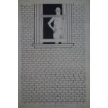 A monochromatic cartoon print, 'Man in the Window', monogrammed 'LC' and dated 77 in pencil to lower