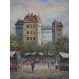Caroline C. Burnett, View of a Market, Paris, oil on canvas, signed lower right, 59 x 49cm