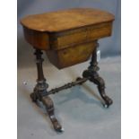 Victorian inlaid burr walnut sewing table, W.69, D. 44, H.72 cm, ca. 1850