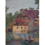 20th century oil on board, figure on a rowing boat with house to background, in gilt frame, 49 x