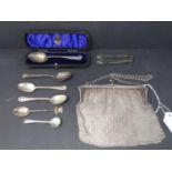 Silver purse together with six spoons, one tong, and cased spoon, early 1900's