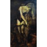 Ryszard Kalamarz (20th century Polish school), Lady putting on stockings, oil on panel, signed and