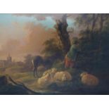 A print of figure leaning on a fence beside sheep and a donkey, in gilt frame with light (need to