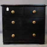 A Victorian black painted pine chest of drawers, H.72 W.81 D.45cm