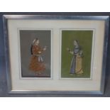 Two Mughal illuminations representing a noble man and woman, framed and glazed, 38 x 31 cm