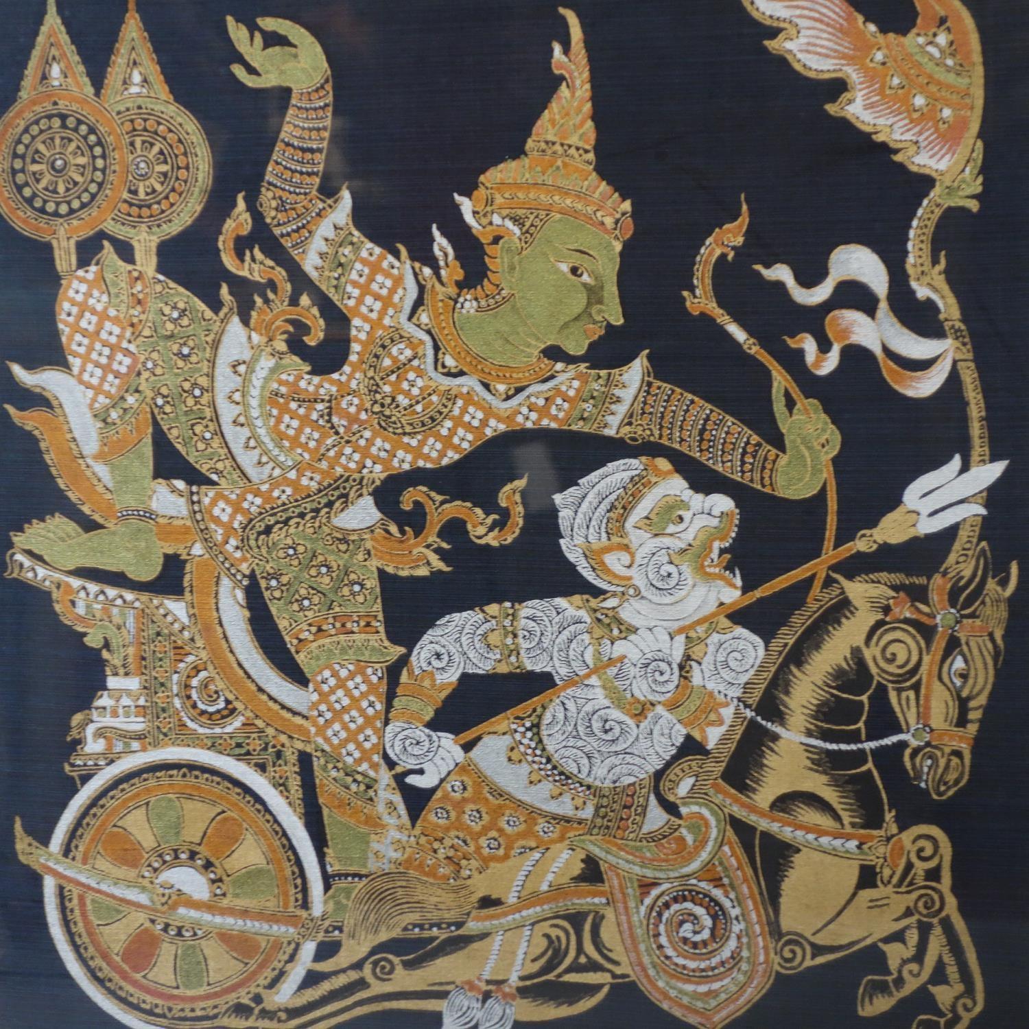 Contemporary Thai artist, warrior on a chariot (Dwarapala?), gutta pigments on bue silk, framed