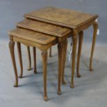 An early 20th century burr walnut nest of 3 tables, H.56 W.53 D.39cm