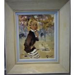 Contemporary french artist, portrait of a young girl with a striped skirt, oil on canvas, signed '