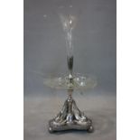 A Victorian epergne centerpiece, with floral etched period glass vase with flared rim and central