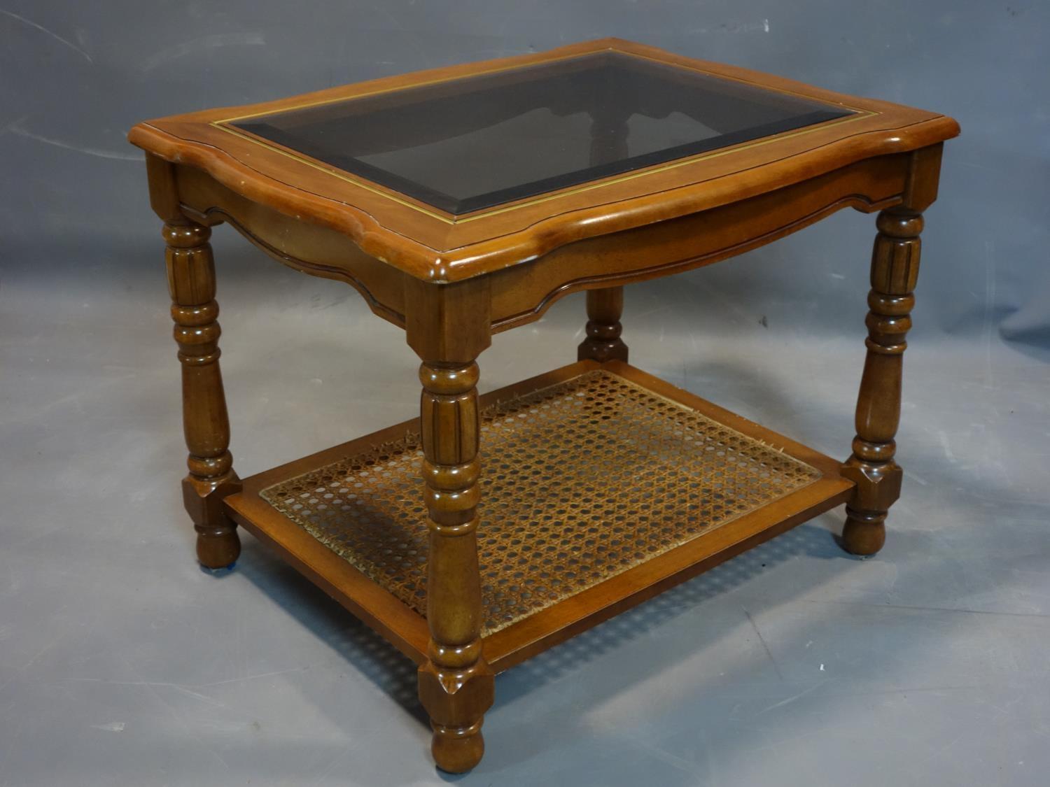 Two solid wood coffee tables, with bevelled glass tops, with rattan undertier, on turned supports, - Image 4 of 4