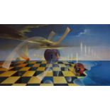 Contemporary British artist, Surrealist landscape, oil on panel, signed and dated 'Bruno 1964', 44 x
