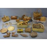 Miscellaneous wood and wicker treasure trove including carvings, working tools and boxes