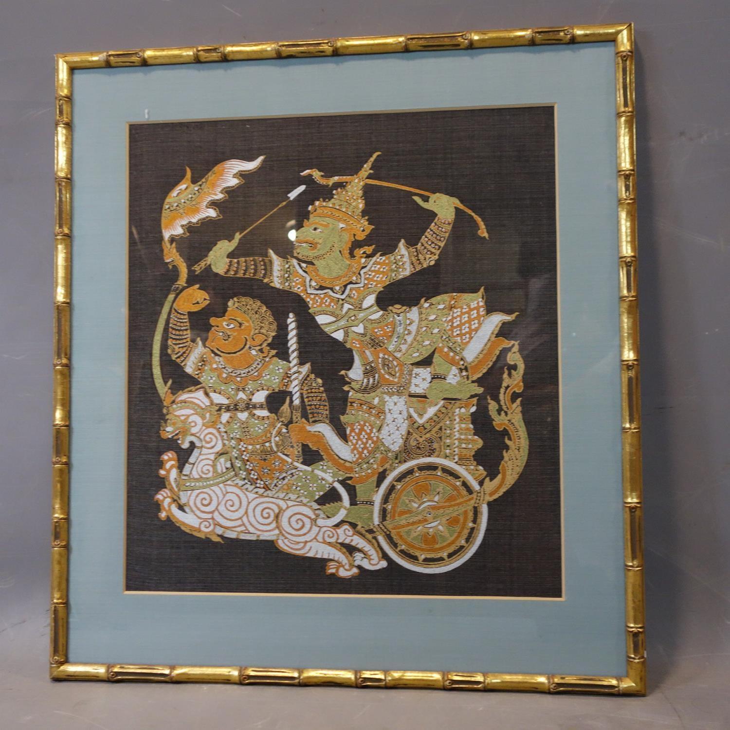 Contemporary Thai artist, warrior on a chariot (Dwarapala?), gutta pigments on bue silk, framed - Image 2 of 2