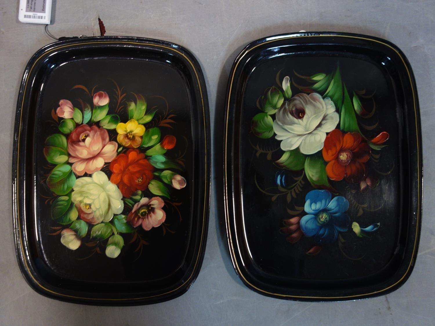 A pair of early 20th century Russian hand painted tole ware trays, stamped made in the USSR, 33 x