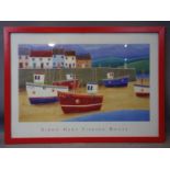 Contemporary British artist Simon Hart, Fishing boats, print, framed and glazed, 52 x 79 cm