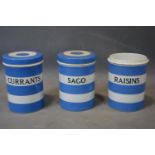 Three T.G. Green Cornish Kitchen Ware jars, for raisins (no lid), currants and Sago (break to